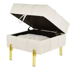 Pouf Contenitore Quadrato Beige Trapuntato con Gambe Dorate, Seduta Singola