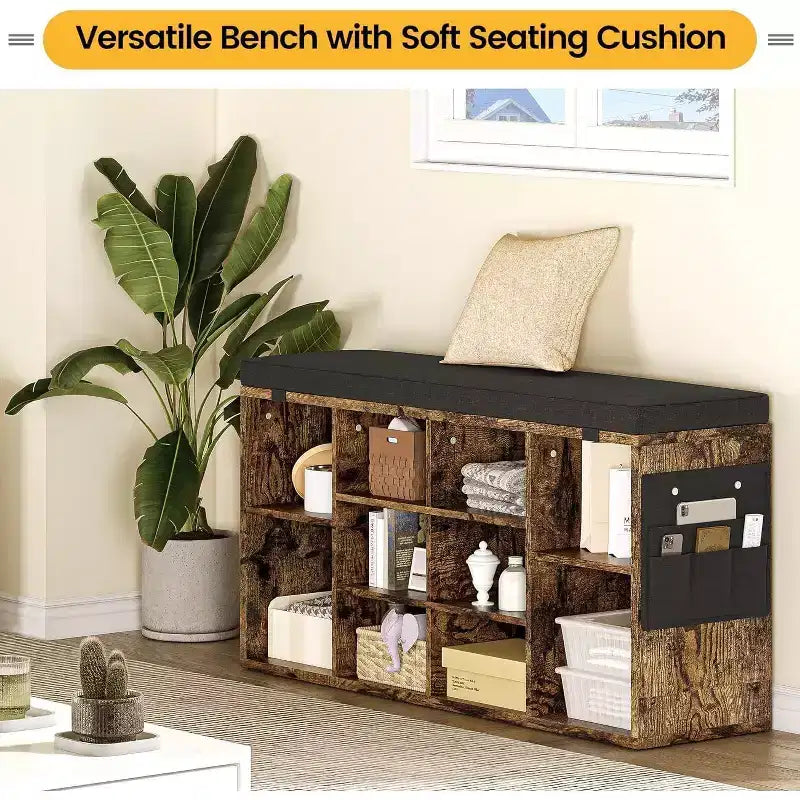 Panca Contenitore per Scarpe Beige con Cuscino, Organizer Regolabile a 10 Scomparti, Seduta per 2 Persone