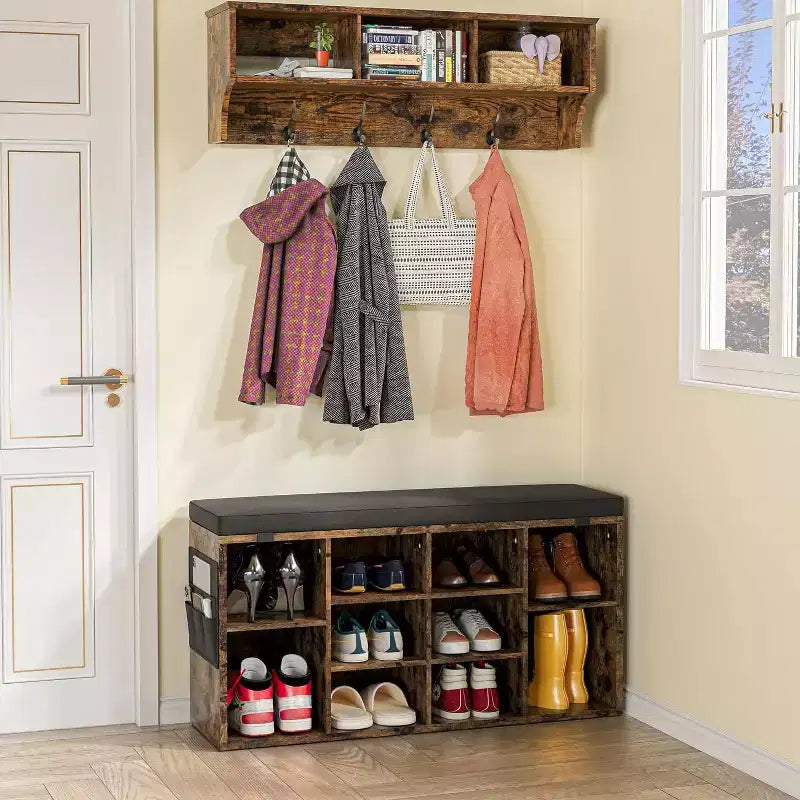 Panca Contenitore per Scarpe Beige con Cuscino, Organizer Regolabile a 10 Scomparti, Seduta per 2 Persone