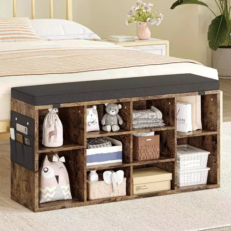 Panca Contenitore per Scarpe Beige con Cuscino, Organizer Regolabile a 10 Scomparti, Seduta per 2 Persone