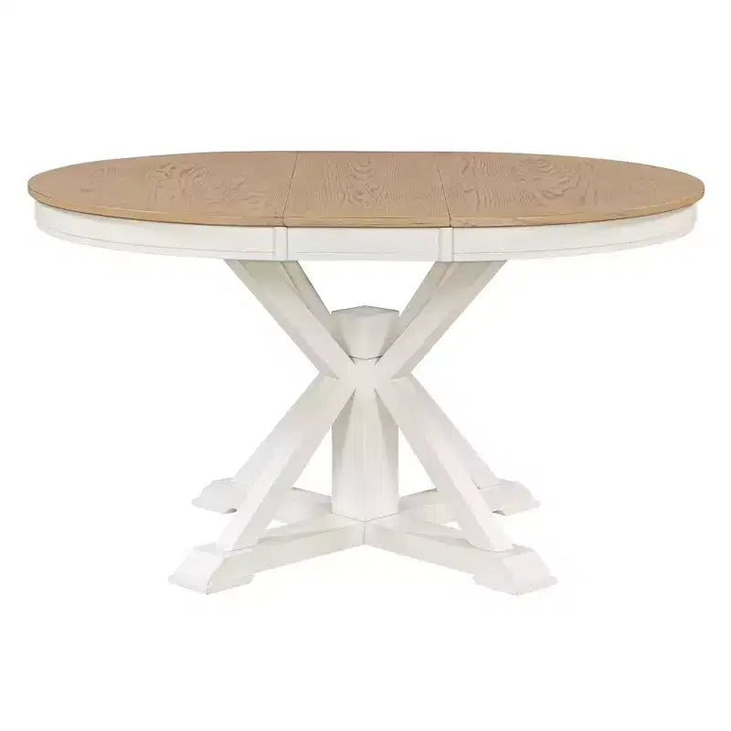 Tavolo da pranzo rotondo allungabile Espresso / Legno naturale / Bianco + Naturale, base a piedistallo Mid-Century, 4-6 posti