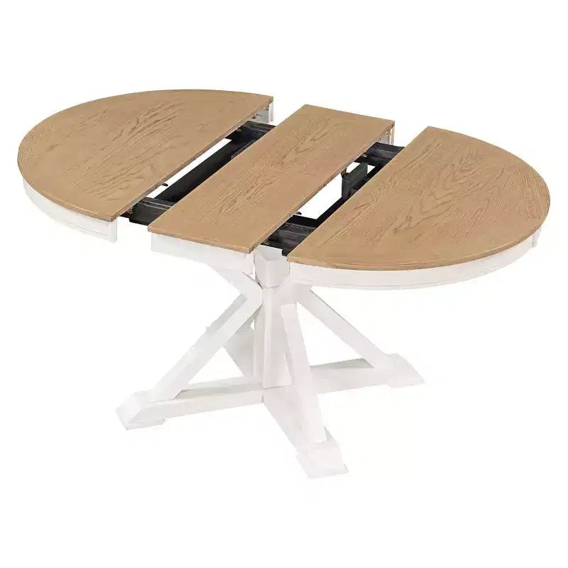 Tavolo da pranzo rotondo allungabile Espresso / Legno naturale / Bianco + Naturale, base a piedistallo Mid-Century, 4-6 posti