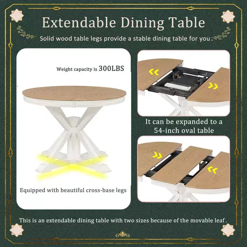 Tavolo da pranzo rotondo allungabile Espresso / Legno naturale / Bianco + Naturale, base a piedistallo Mid-Century, 4-6 posti