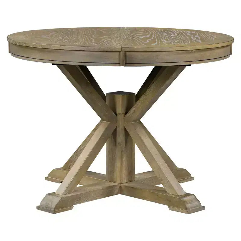 Tavolo da pranzo rotondo allungabile Espresso / Legno naturale / Bianco + Naturale, base a piedistallo Mid-Century, 4-6 posti
