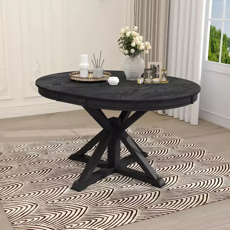 Tavolo da pranzo rotondo allungabile Espresso / Legno naturale / Bianco + Naturale, base a piedistallo Mid-Century, 4-6 posti