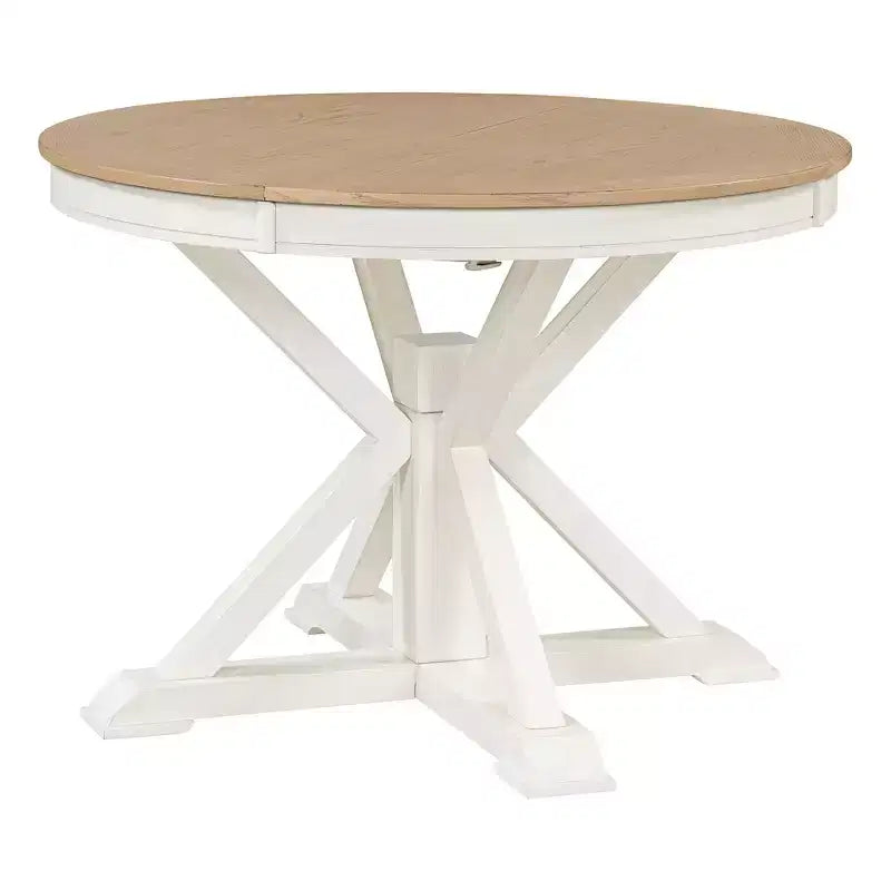 Tavolo da pranzo rotondo allungabile Espresso / Legno naturale / Bianco + Naturale, base a piedistallo Mid-Century, 4-6 posti