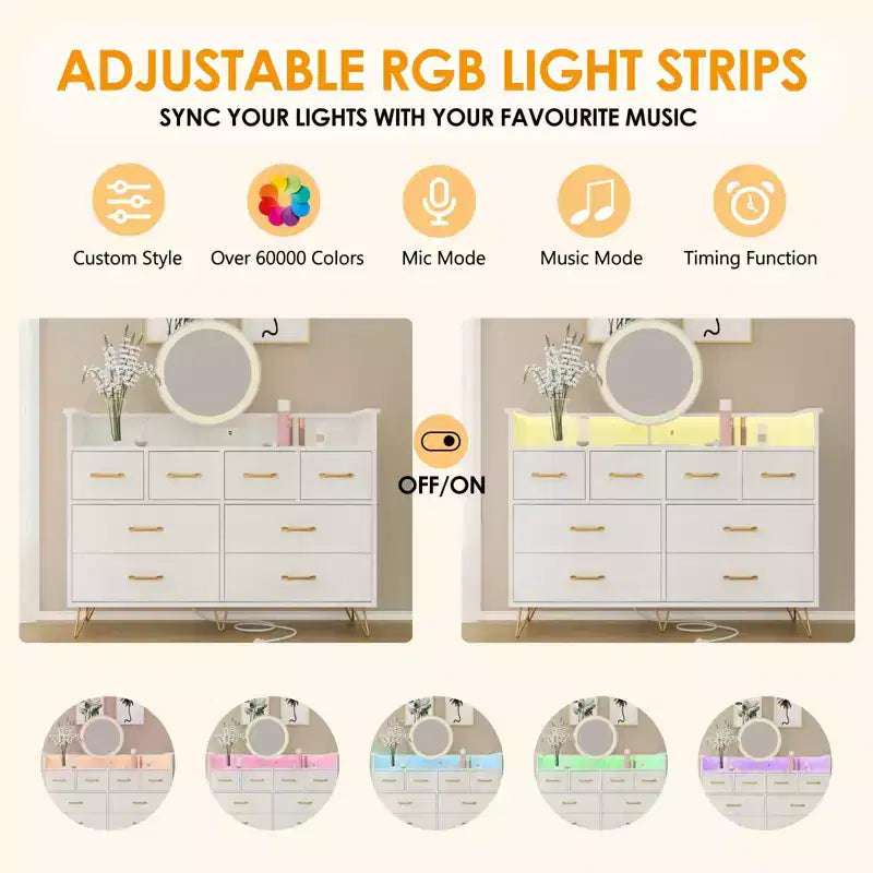 Cassettiera a 8 cassetti Nera / Scuro / Grigia / Bianca con luci LED e presa di corrente, per 1 persona