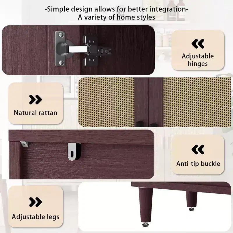 Madia a 4 Ante in Rattan Nero/Naturale/Marrone – Montaggio da 2 Persone, 3 Misure