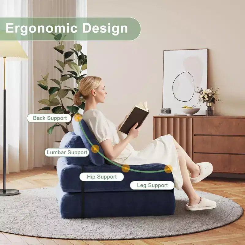 Divano Letto Pieghevole Beige/Blu Scuro/Grigio Scuro, Poltrona Letto Convertibile a 1 Posto con Cuscino