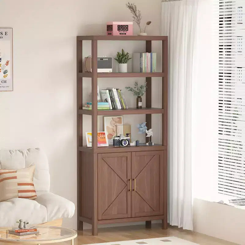 Libreria marrone a 5 ripiani con ante, stile boho, montaggio per 1 persona