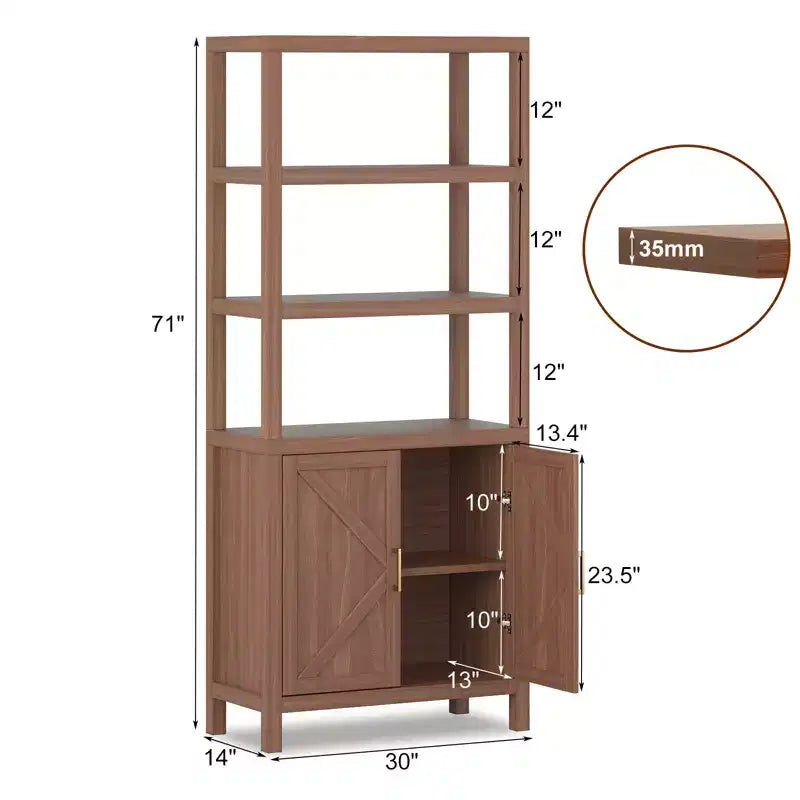 Libreria marrone a 5 ripiani con ante, stile boho, montaggio per 1 persona