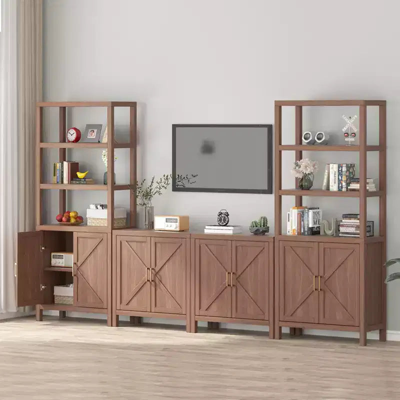 Libreria marrone a 5 ripiani con ante, stile boho, montaggio per 1 persona