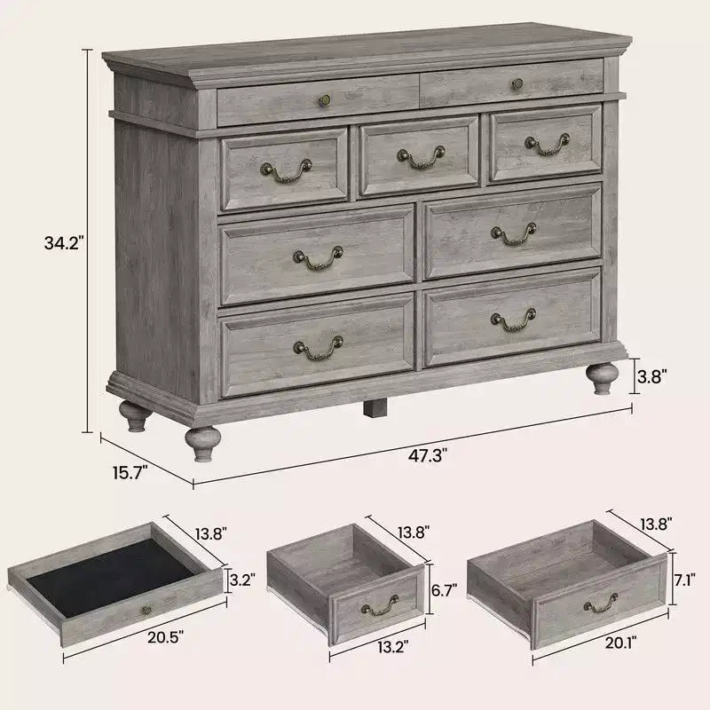Nero/Contrasto/Grigio | Cassettiera in legno a 9 cassetti | Uso singolo | 47,3" L × 15,8" P × 34,2" A
