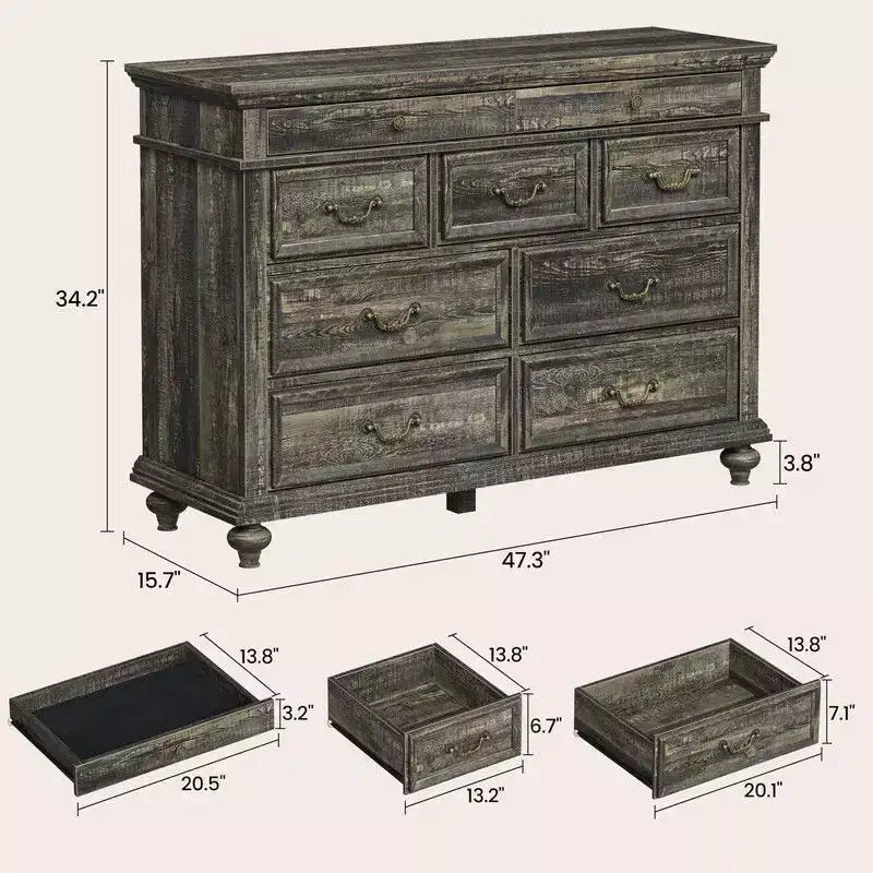 Nero/Contrasto/Grigio | Cassettiera in legno a 9 cassetti | Uso singolo | 47,3" L × 15,8" P × 34,2" A