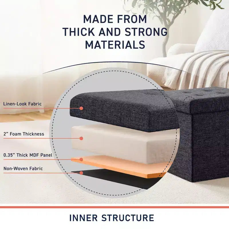 Pouf Contenitore Quadrato con Bottoni in Lino Beige / Nero / Grigio, Set da 2