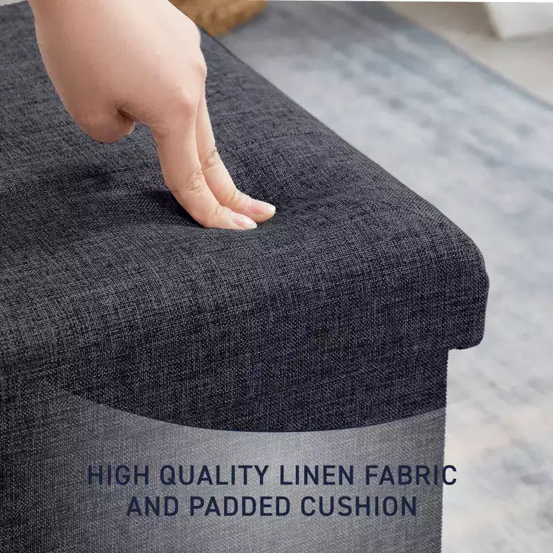 Pouf Contenitore Quadrato con Bottoni in Lino Beige / Nero / Grigio, Set da 2