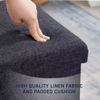 Pouf Contenitore Quadrato con Bottoni in Lino Beige / Nero / Grigio, Set da 2