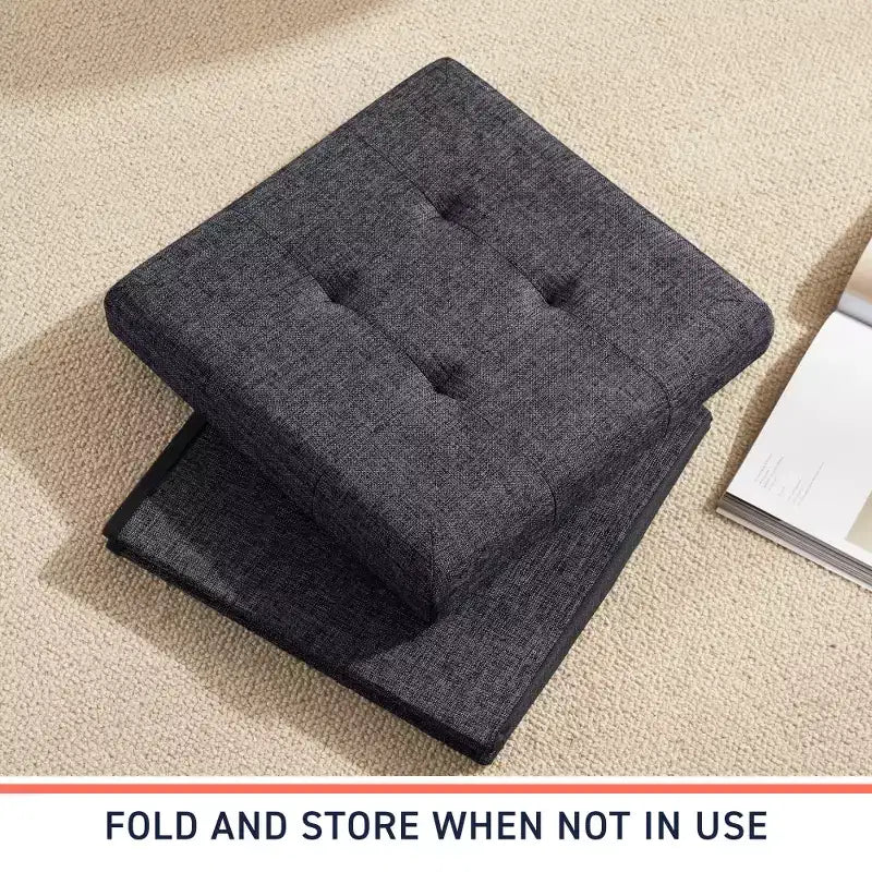 Pouf Contenitore Quadrato con Bottoni in Lino Beige / Nero / Grigio, Set da 2