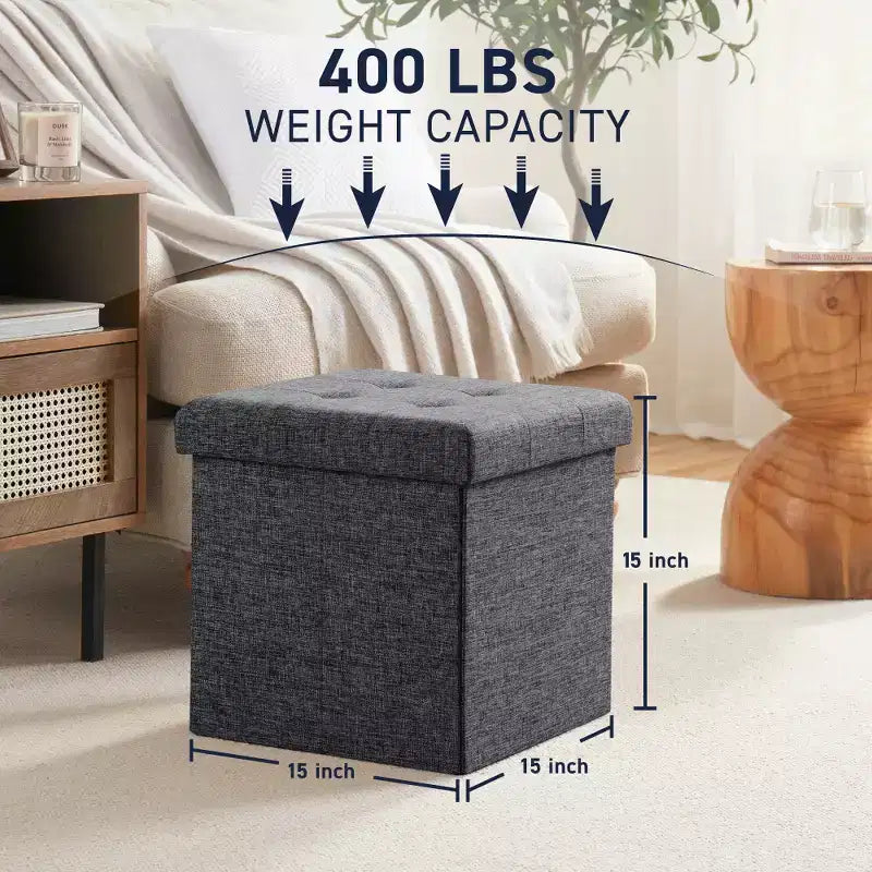 Pouf Contenitore Quadrato con Bottoni in Lino Beige / Nero / Grigio, Set da 2