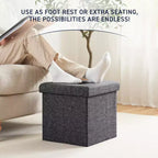 Pouf Contenitore Quadrato con Bottoni in Lino Beige / Nero / Grigio, Set da 2