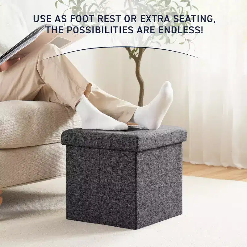 Pouf Contenitore Quadrato con Bottoni in Lino Beige / Nero / Grigio, Set da 2