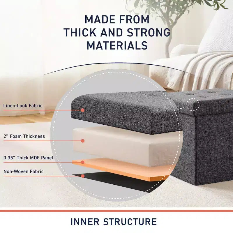 Pouf Contenitore Quadrato con Bottoni in Lino Beige / Nero / Grigio, Set da 2