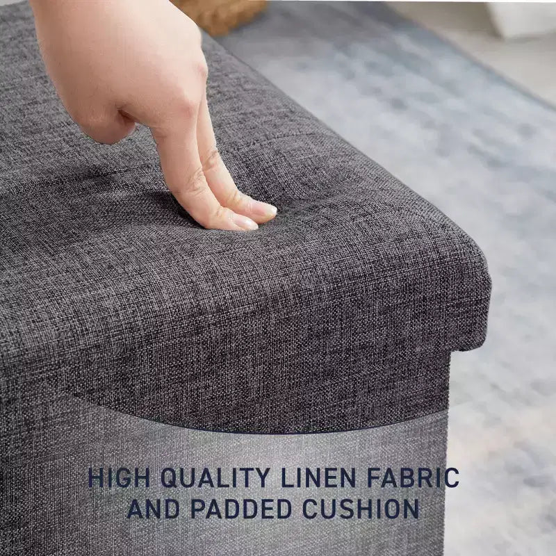 Pouf Contenitore Quadrato con Bottoni in Lino Beige / Nero / Grigio, Set da 2