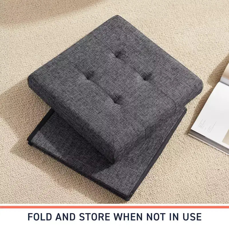 Pouf Contenitore Quadrato con Bottoni in Lino Beige / Nero / Grigio, Set da 2