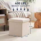 Pouf Contenitore Quadrato con Bottoni in Lino Beige / Nero / Grigio, Set da 2