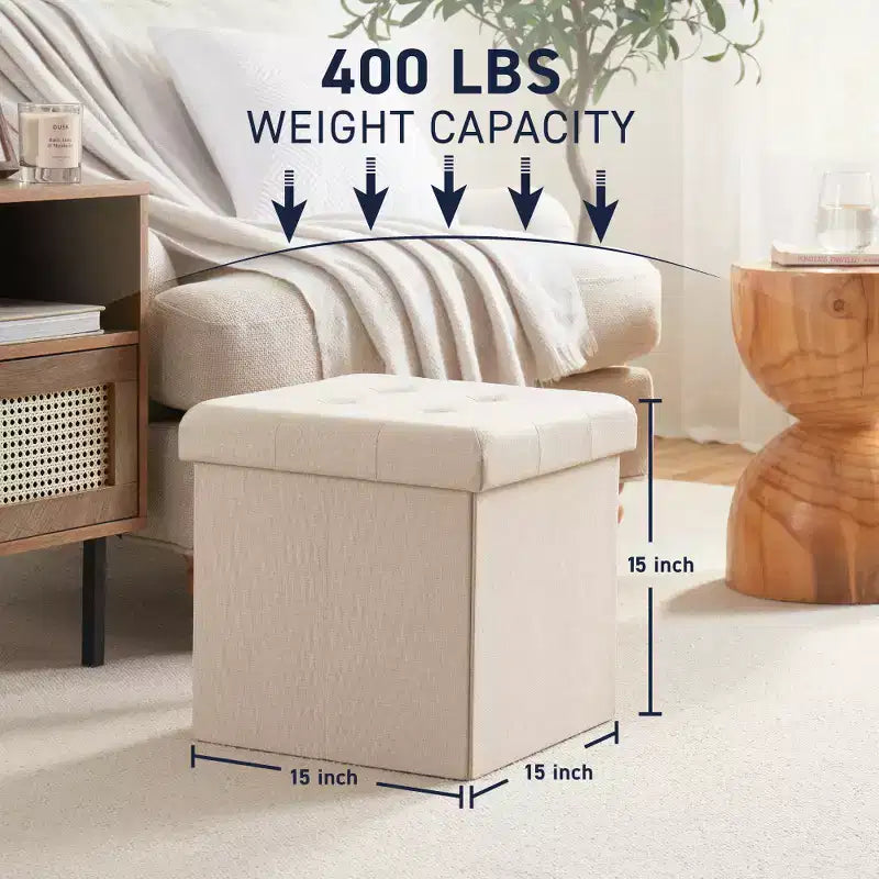 Pouf Contenitore Quadrato con Bottoni in Lino Beige / Nero / Grigio, Set da 2