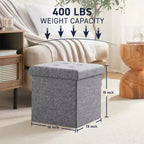 Pouf Contenitore Quadrato con Bottoni in Lino Beige / Nero / Grigio, Set da 2