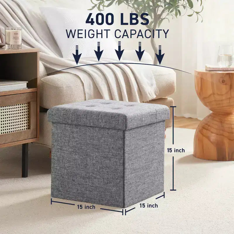 Pouf Contenitore Quadrato con Bottoni in Lino Beige / Nero / Grigio, Set da 2