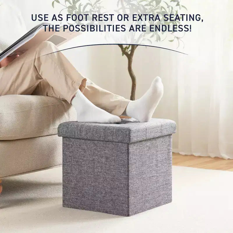 Pouf Contenitore Quadrato con Bottoni in Lino Beige / Nero / Grigio, Set da 2