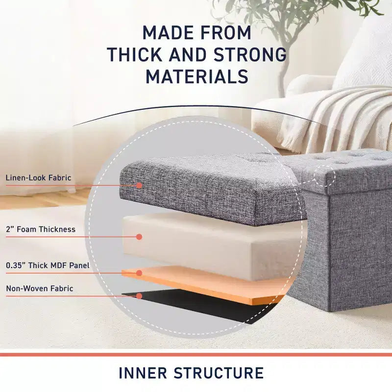 Pouf Contenitore Quadrato con Bottoni in Lino Beige / Nero / Grigio, Set da 2