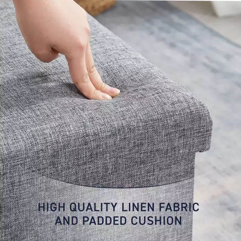 Pouf Contenitore Quadrato con Bottoni in Lino Beige / Nero / Grigio, Set da 2