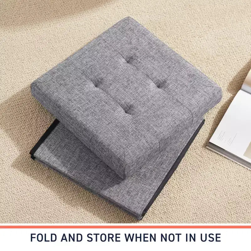 Pouf Contenitore Quadrato con Bottoni in Lino Beige / Nero / Grigio, Set da 2