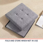 Pouf Contenitore Quadrato con Bottoni in Lino Beige / Nero / Grigio, Set da 2