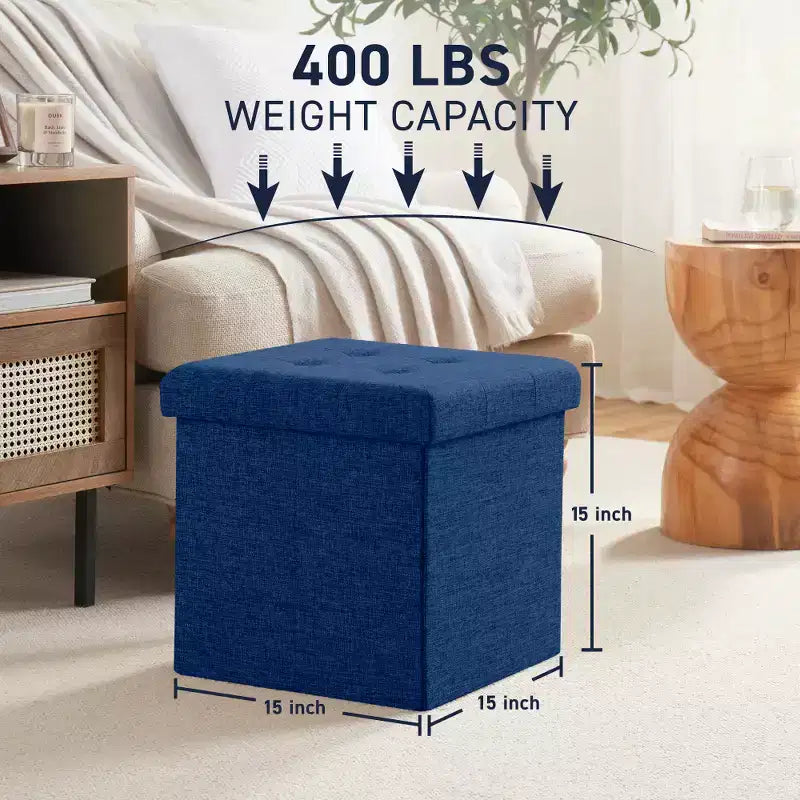 Pouf Contenitore Quadrato con Bottoni in Lino Beige / Nero / Grigio, Set da 2