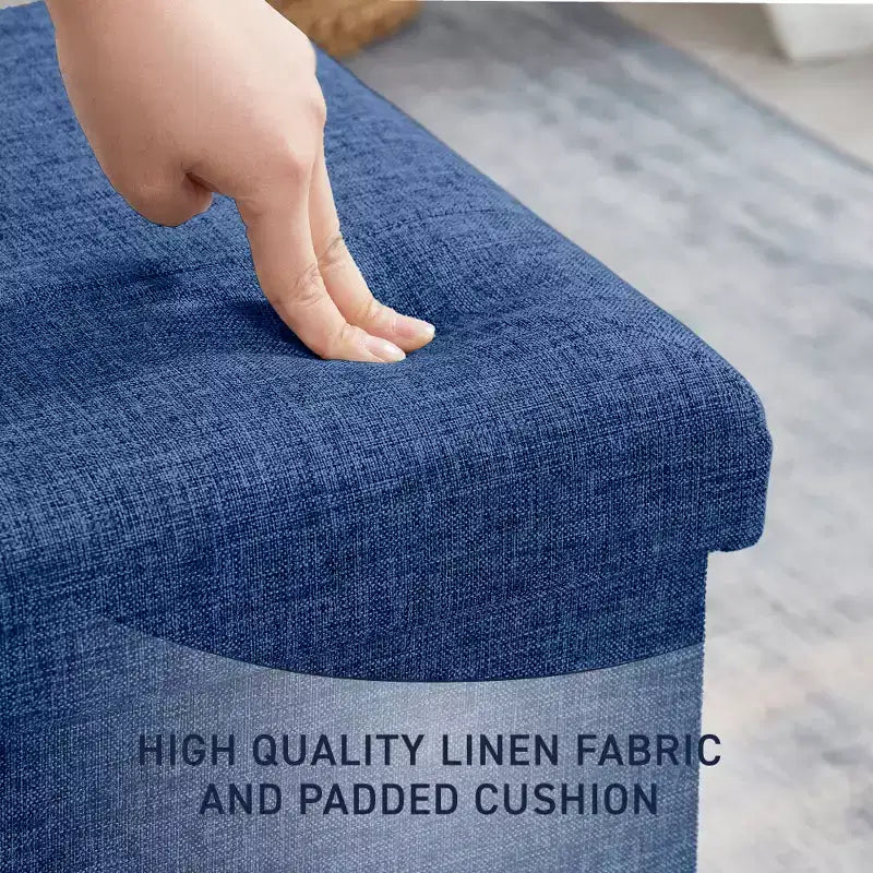Pouf Contenitore Quadrato con Bottoni in Lino Beige / Nero / Grigio, Set da 2