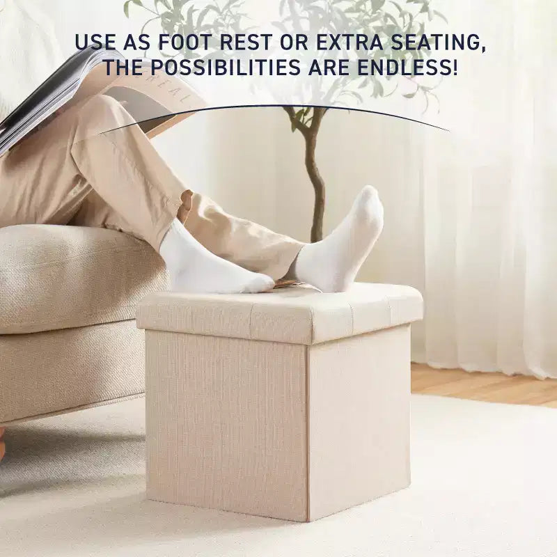 Pouf Contenitore Quadrato con Bottoni in Lino Beige / Nero / Grigio, Set da 2