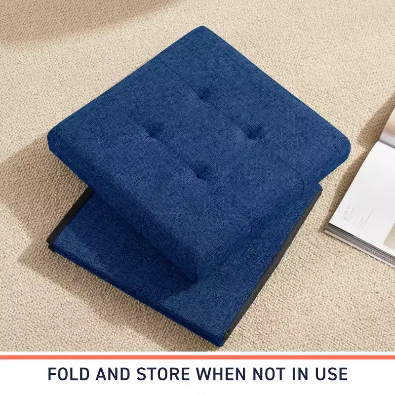 Pouf Contenitore Quadrato con Bottoni in Lino Beige / Nero / Grigio, Set da 2