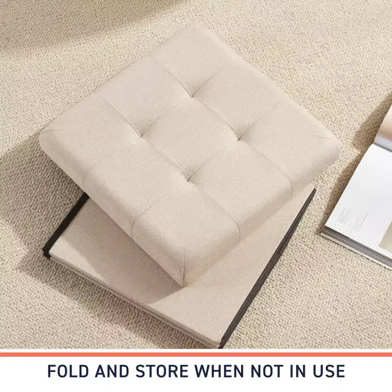 Pouf Contenitore Quadrato con Bottoni in Lino Beige / Nero / Grigio, Set da 2