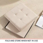 Pouf Contenitore Quadrato con Bottoni in Lino Beige / Nero / Grigio, Set da 2
