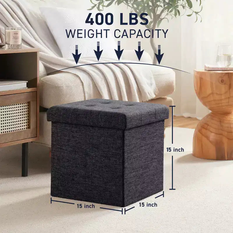 Pouf Contenitore Quadrato con Bottoni in Lino Beige / Nero / Grigio, Set da 2