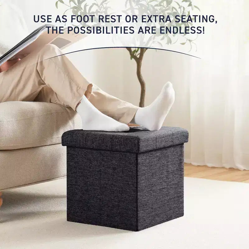 Pouf Contenitore Quadrato con Bottoni in Lino Beige / Nero / Grigio, Set da 2