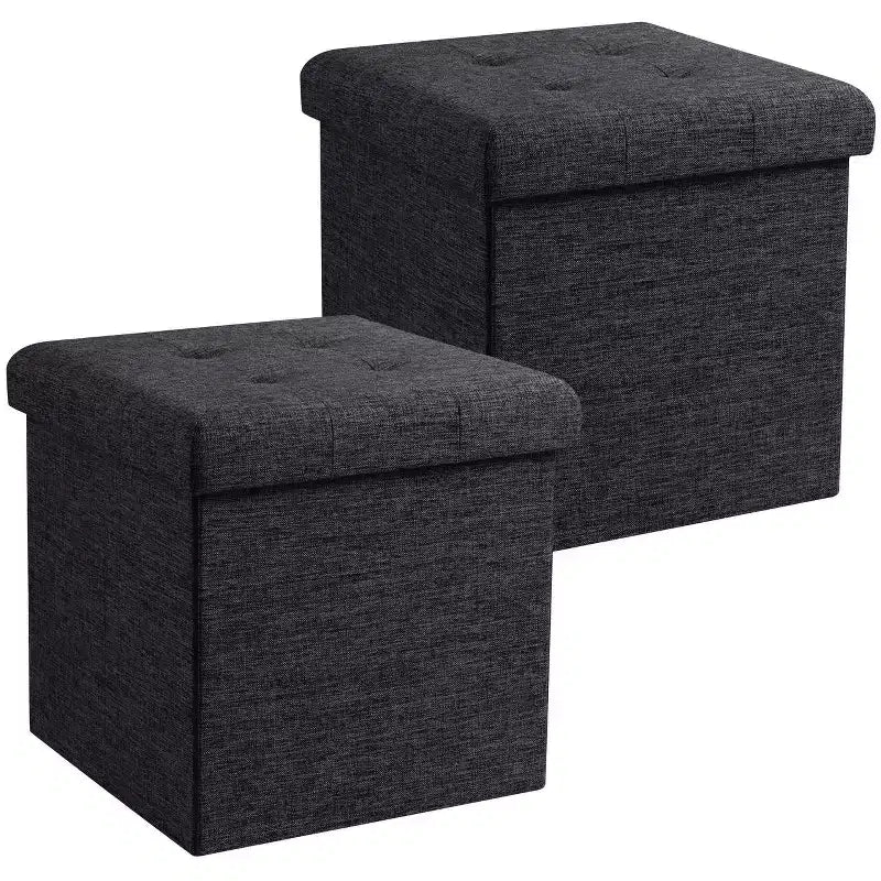 Pouf Contenitore Quadrato con Bottoni in Lino Beige / Nero / Grigio, Set da 2