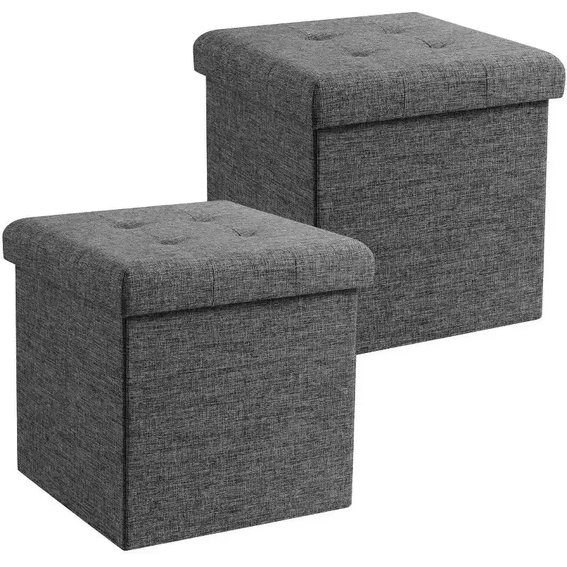 Pouf Contenitore Quadrato con Bottoni in Lino Beige / Nero / Grigio, Set da 2