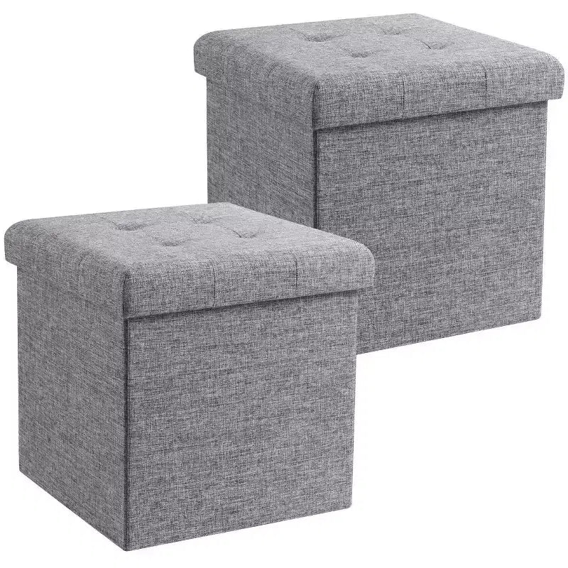 Pouf Contenitore Quadrato con Bottoni in Lino Beige / Nero / Grigio, Set da 2