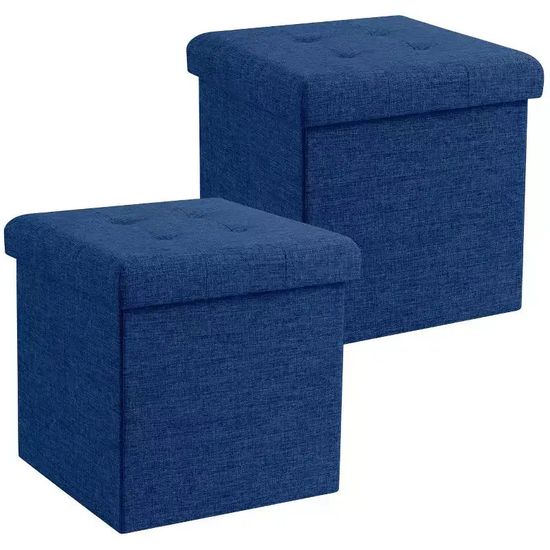 Pouf Contenitore Quadrato con Bottoni in Lino Beige / Nero / Grigio, Set da 2