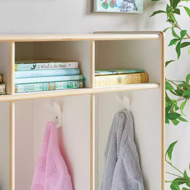 Armadietto contenitore a 3 sezioni in legno, naturale/bianco, con ganci e ripiani, per bambini